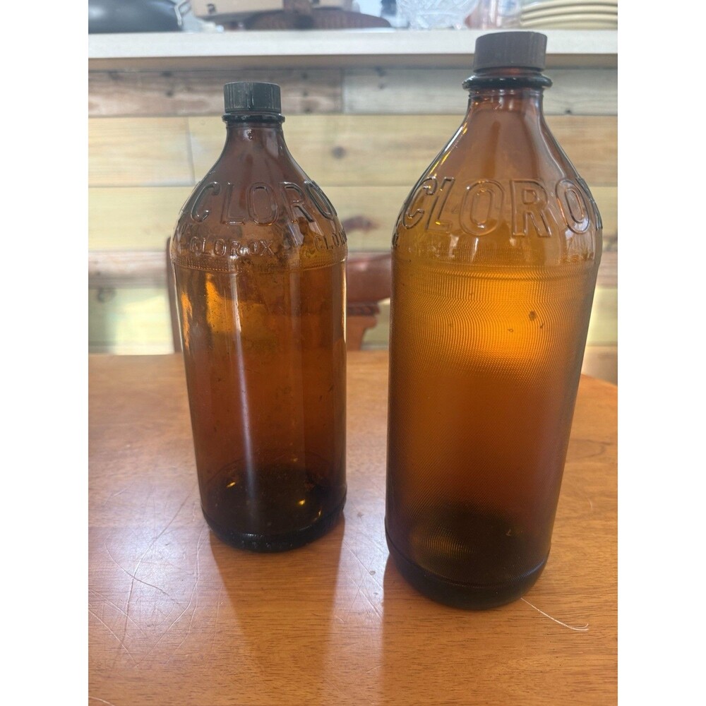 Lot Of 2 Vintage 32oz Amber Glass Clorox Bottles with Bakelite Lids MCM 50s-60s